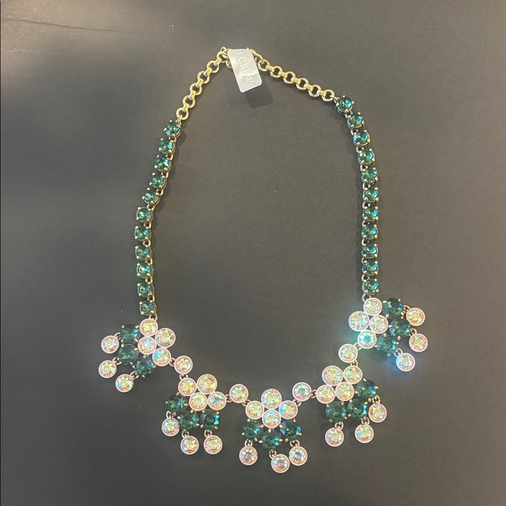 J. Crew Teal and Clear Crystal Floral Bib Necklace